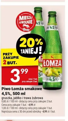 Piwo Łomża smakowe 4,5% jabłko i trawa żubrowa 500ml promocja w Twój Market