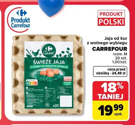Jajka kurze od kur z wolnego wybiegu Carrefour Classic promocja w Carrefour