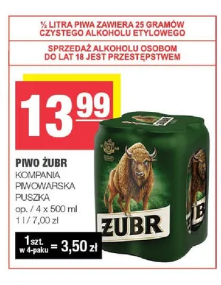 Piwo Żubr 4-pak 500 ml promocja w SPAR