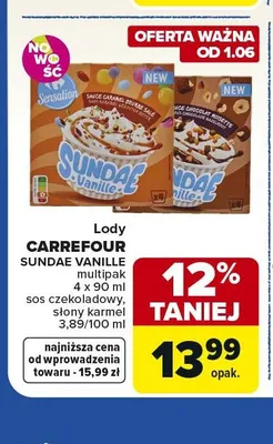 Lody CARREFOUR SUNDAE VANILLE słony karmel 4-pak 90ml promocja w Carrefour Market