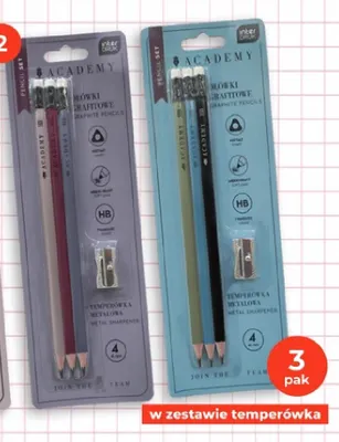 Ołówki z gumką Interdruk Academy 3-pak z temperówką HB promocja w Dealz