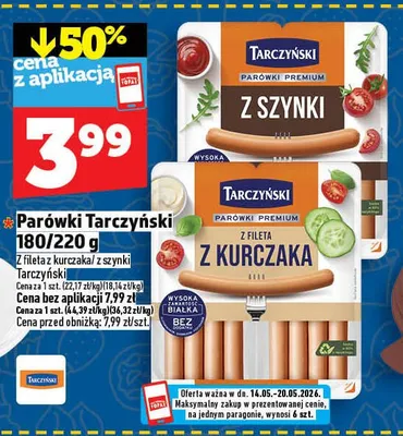Parówki Tarczyński z fileta z kurczaka promocja w TOPAZ