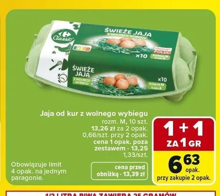 Jaja od kur z wolnego wybiegu Carrefour Classic promocja w Carrefour