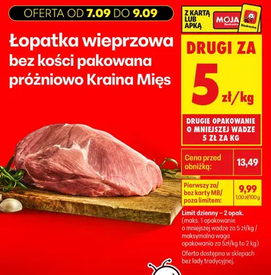 Łopatka wieprzowa bez kości pakowana próżniowo Kraina Mięs promocja w Biedronka