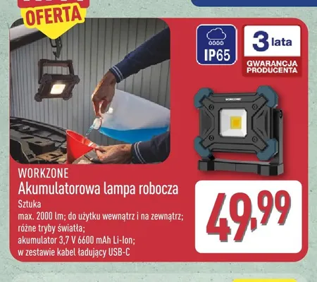 Akumulatorowa lampa robocza Workzone promocja w Aldi