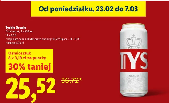 Piwo Tyskie Gronie 8 x 500 ml promocja w Lidl