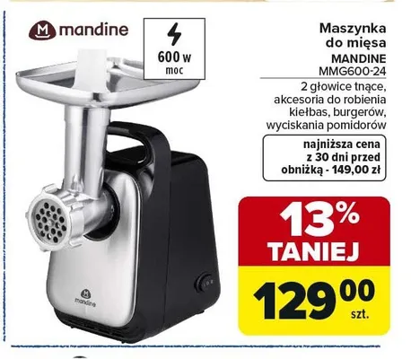 Maszynka do mięsa MANDINE MMG600-24 600W 2 głowice tnące akcesoria do robienia kiełbas burgerów wyciskania pomidorów promocja w Carrefour Market
