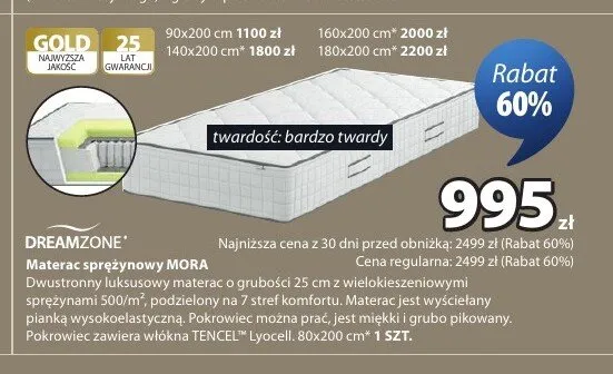 Materac sprężynowy DREAMZONE MORA bardzo twardy promocja w Jysk
