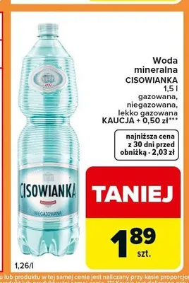 Woda mineralna Cisowianka lekko gazowana 1,5l promocja w Carrefour Express