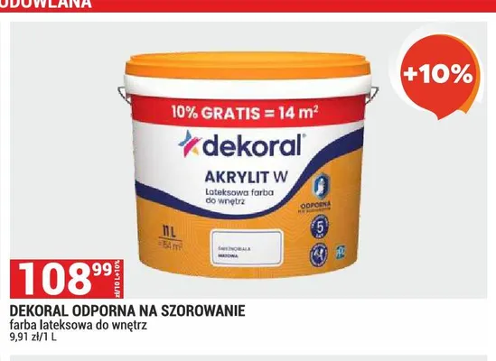 Farba lateksowa do wnętrz Dekoral Akrylit W odporna na szorowanie promocja w Merkury Market