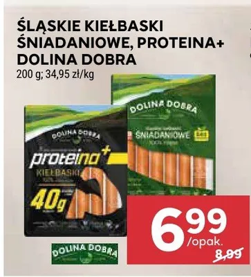 Śląskie kiełbaski śniadaniowe, proteina+ dolina dobra promocja w Stokrotka