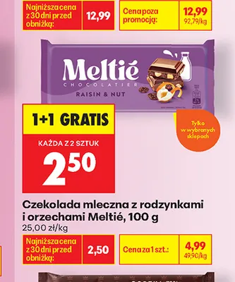 Czekolada mleczna z rodzynkami i orzechami Meltié promocja w Biedronka
