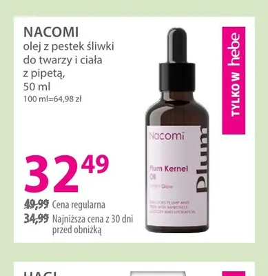 Olej z pestek śliwki do twarzy i ciała z pipetą Nacomi promocja w Hebe
