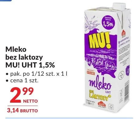 Mleko bez laktozy MU! UHT 1,5% promocja w Makro