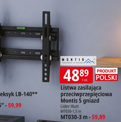 Listwa zasilająca przeciwprzepięciowa Montis 5 gniazd MT030-1,5m promocja w Leclerc