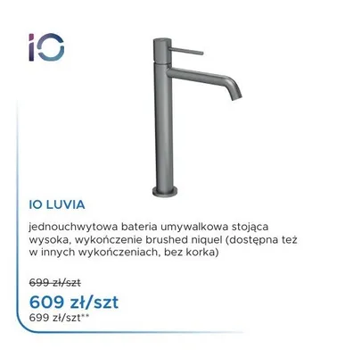 Bateria umywalkowa stojąca wysoka iO Luvia brushed niquel promocja w Blu Salony Łazienek