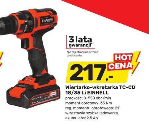 Wiertarko-wkrętarka TC-CD 18/35 Li prędkość: 0-550 obr./min moment obrotowy: 35 Nm reg. momentu obrotowego: 21° w zestawie szybka ładowarka, akumulator 2,5 Ah promocja w Bricomarche
