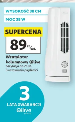 Wentylator kolumnowy Qilive wysokość 38cm moc 35W oscylacja do 75 st. 3 ustawienia prędkości promocja w Auchan