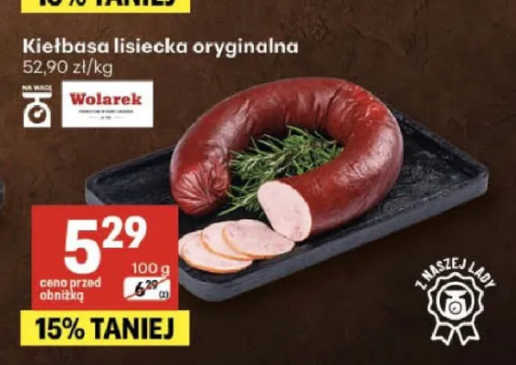 Kiełbasa lisiecka oryginalna Wolarek promocja w Delikatesy Centrum
