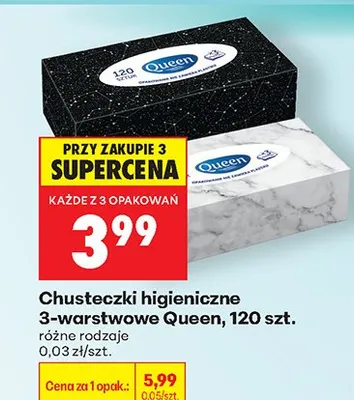 Chusteczki higieniczne 3-warstwowe Queen promocja w Biedronka
