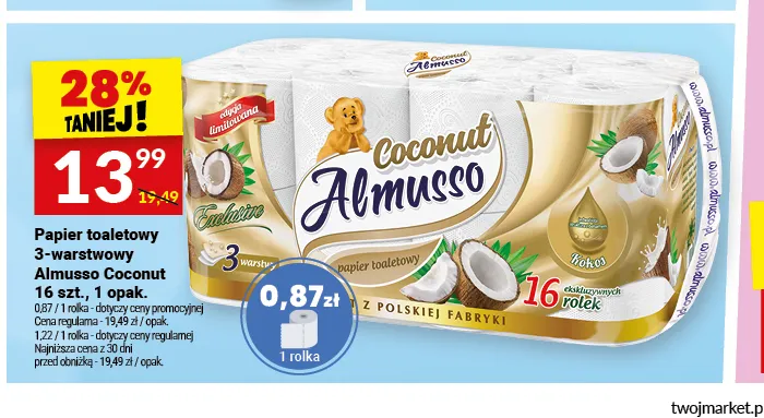 Papier toaletowy 3-warstwowy Almusso Coconut 16-pak promocja w Twój Market