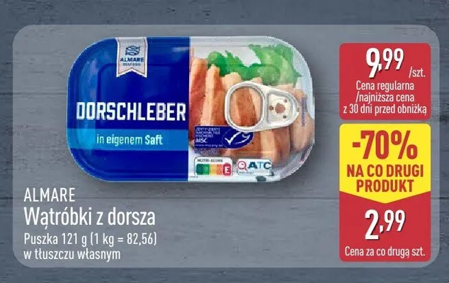 Wątróbki z dorsza w tłuszczu własnym ALMARE promocja w Aldi