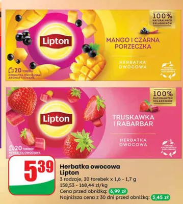 Herbatka owocowa różne rodzaje, mango i czarna porzeczka, truskawka i rabarbar promocja w Dino