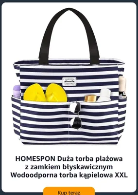 Torba plażowa HOMESPON duża z zamkiem błyskawicznym wodoodporna torba kąpielowa XXL promocja w Amazon