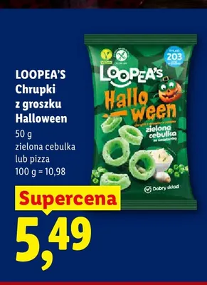 Chrupki z groszku Halloween zielona cebulka Loopea's promocja w Lidl