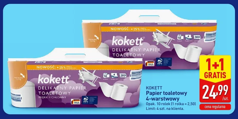Papier toaletowy 4-warstwowy Kokett Miękki i chłonny 10-pak promocja w Aldi