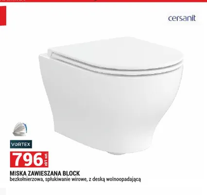 Miska zawieszana Cersanit Block bezkołnierzowa ze spłukiwaniem wirowym z deską wolnoopadającą promocja w Merkury Market