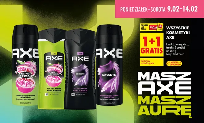 Wszystkie kosmetyki Axe 1+1 GRATIS promocja w Biedronka