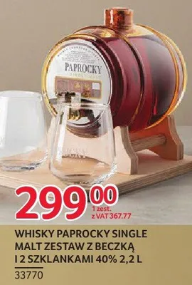 Whisky Paprocky Single Malt zestaw z beczką 12 szklankami 40% 2.2 l promocja w Selgros