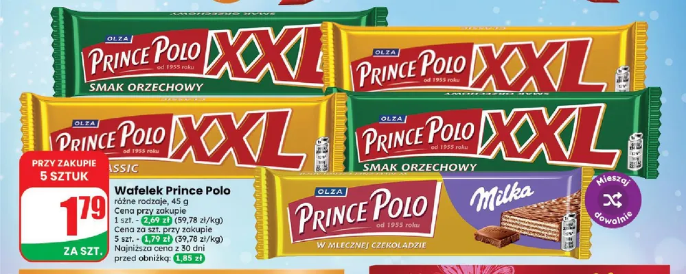 Wafelek Prince Polo w mlecznej czekoladzie Milka promocja w Dino