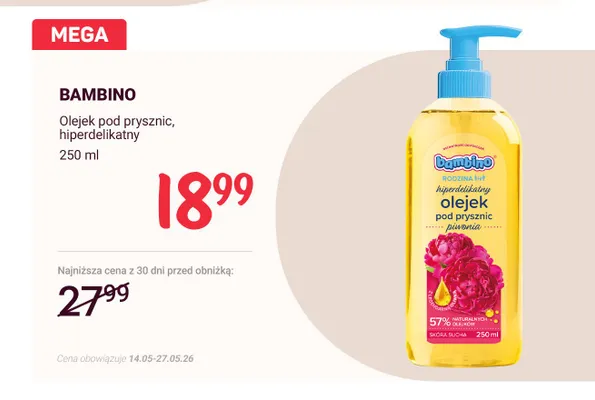 Olejek pod prysznic hiperdelikatny BAMBINO piwonia promocja w Rossmann