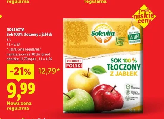 Sok tłoczony z jabłek Solevita 100% promocja w Lidl