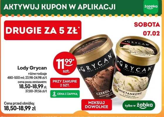 Lody Grycan różne rodzaje czekoladowe, śmietankowe promocja w Żabka
