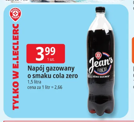 Napój gazowany o smaku cola zero Jean's promocja w Leclerc