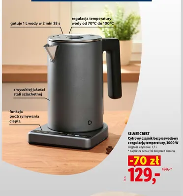 Cyfrowy czajnik bezprzewodowy z regulacją temperatury 3000W 1,7 l Silvercrest promocja w Lidl
