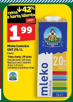 Mleko Łowickie UHT 2% promocja w TOPAZ