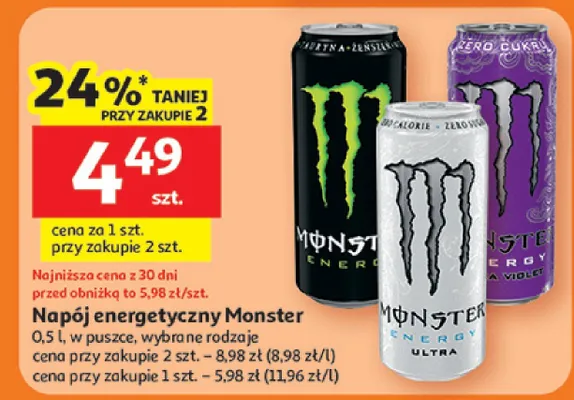 Napój energetyczny Monster w puszce różne rodzaje promocja w Auchan