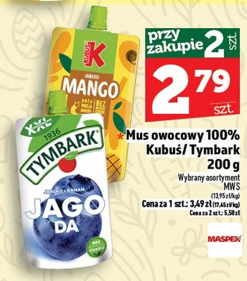 Mus owocowy 100% Kubuś/Tymbark 200g promocja w TOPAZ