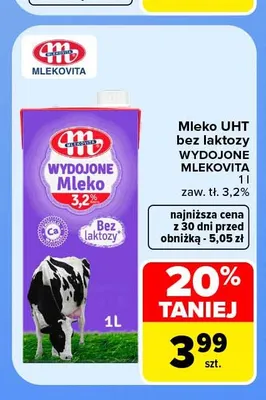 Mleko UHT bez laktozy Wydojone Mlekovita 3,2% promocja w Carrefour
