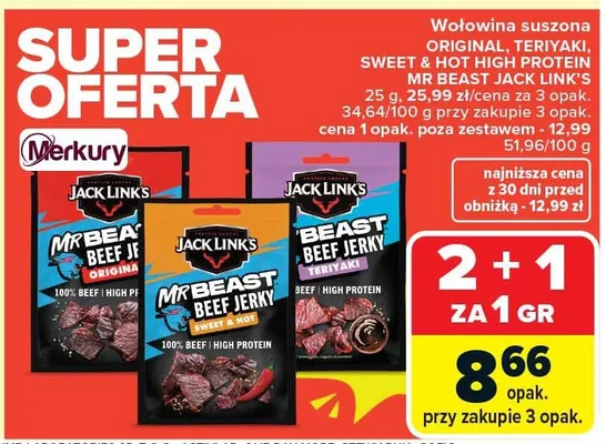 Wołowina suszona Original, Teriyaki, Sweet Hot High Protein promocja w Carrefour