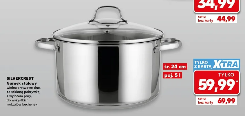 Garnek stalowy wielowarstwowe dno, ze szklaną pokrywką z wylotem pary śr. 24cm poj. 5l Silvercrest promocja w Kaufland