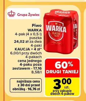 Piwo Warka Classic 4-pak promocja w Carrefour