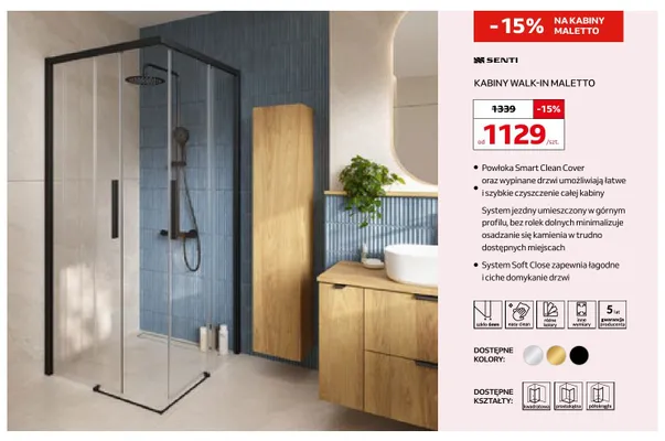 Kabina prysznicowa walk-in Senti Maletto promocja w Komfort