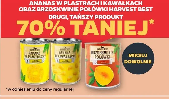 Ananas w plastrach i kawałkach oraz brzoskwinie połówki Harvest Best promocja w Netto