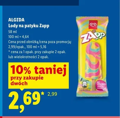 Lody na patyku Zapp 58ml promocja w Lidl