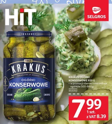 Ogórki konserwowe Krakus 920 g promocja w Selgros